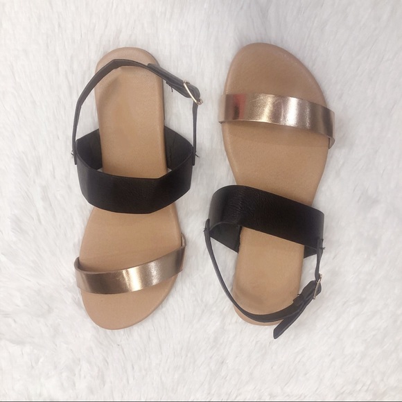 Black-Gold Double-Strap Flat Sandal - Picture 4 of 5